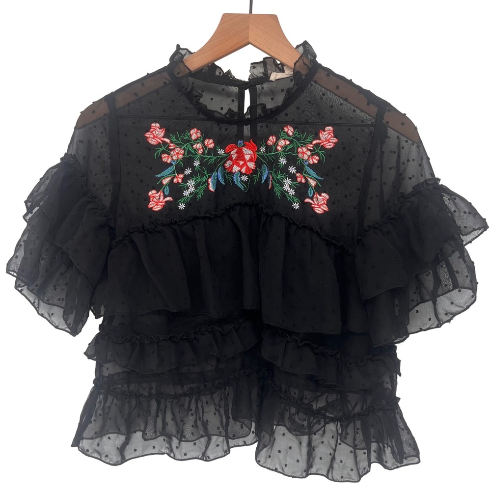 Rebellion Top Women Medium Black Swiss Dot Floral Embroidered Ruffle Mesh Blouse